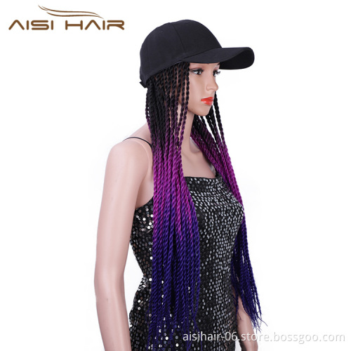 Aisi Hair Vendor Baseball Hat With Long Ombre Purple Twist Crochet Braiding Hair Extension For Black Women Synthetic Hair Wigs